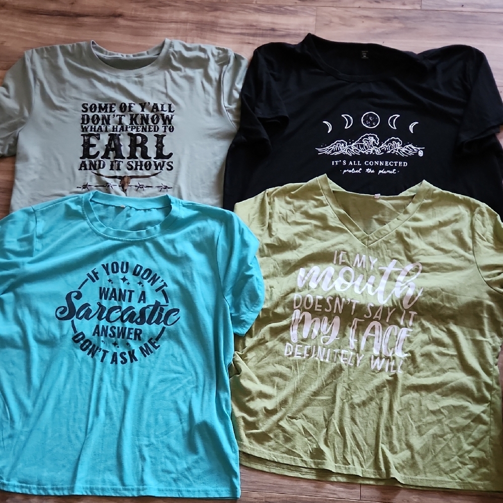 7 (2X/3X) Graphic Ladies T-Shirts Set - Black, Green, Blue, Yellow